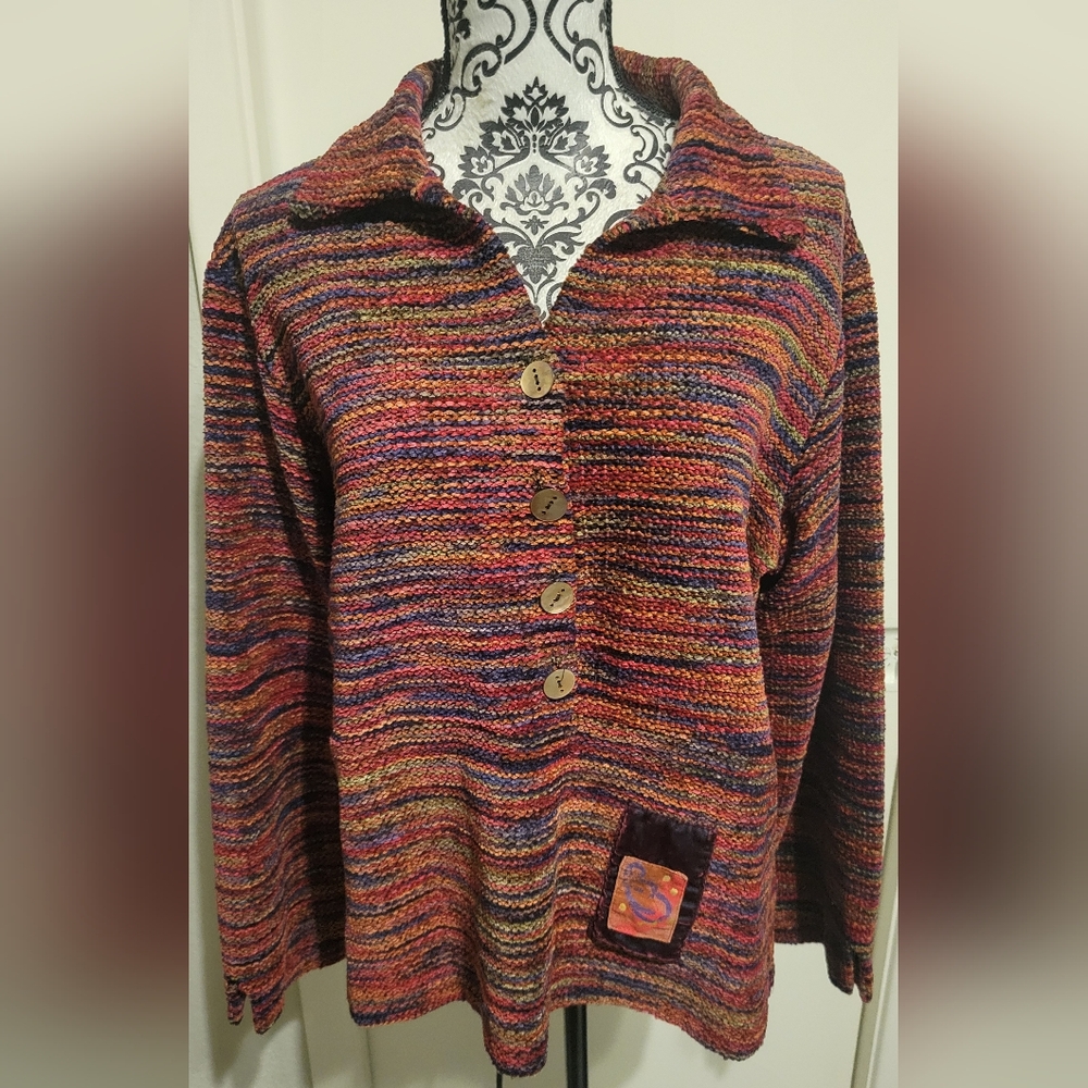 Vintage Anthropologie Odile Colorful Pullover Button Front Patchwork Sweater Med